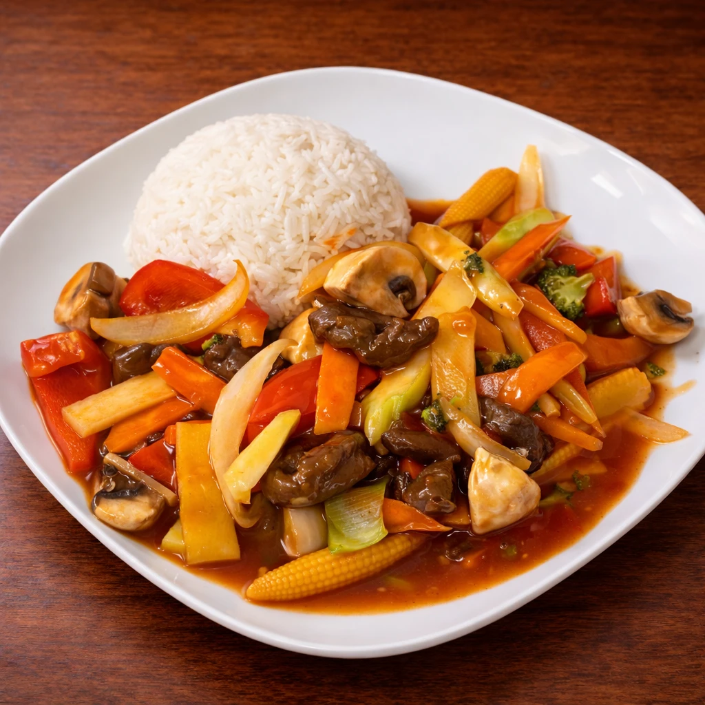 Sursøt saus med kylling / biff / scampi / tofu 