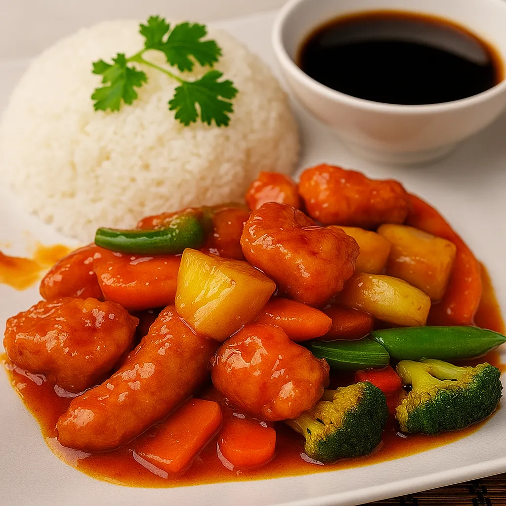 Sursøt stekt kylling eller biff og ris