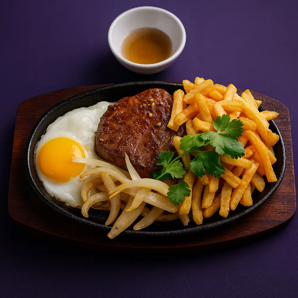 Vietnamesisk biff steak med egg, pommes frites og løk