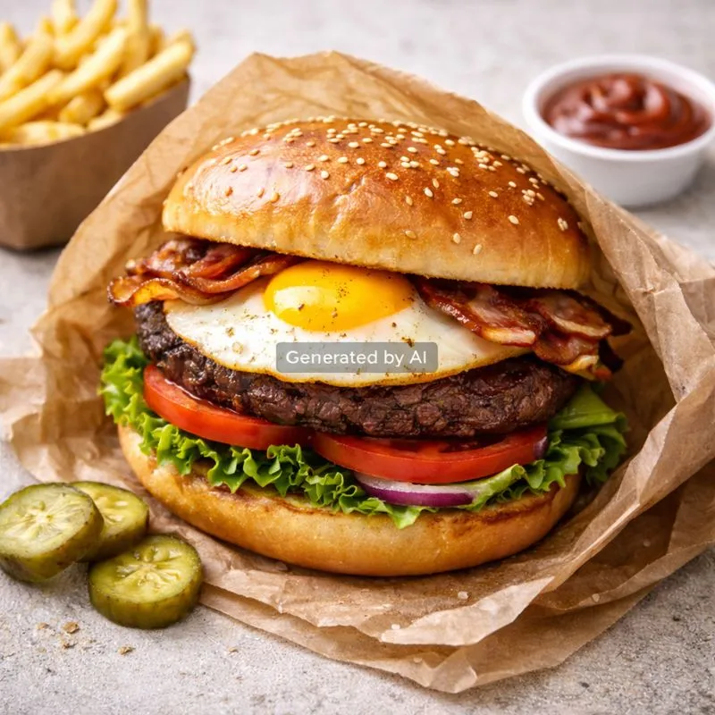 Burger med sprø bacon og stekt egg.