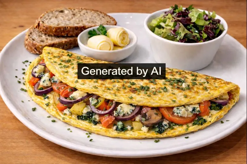 Omelett med blåmuggost, tomat og rød løk