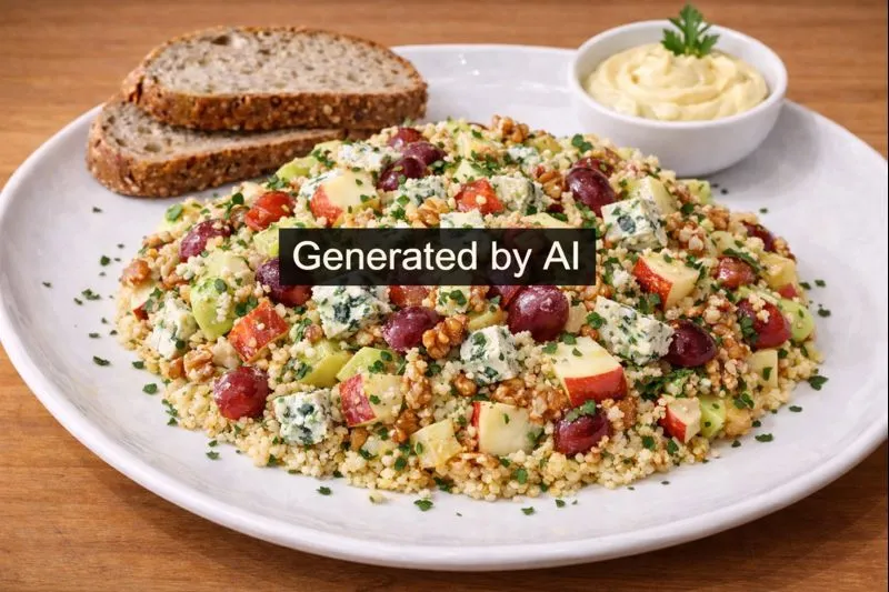 Salat med couscous, blåmuggost, epler, druer og valnøtter