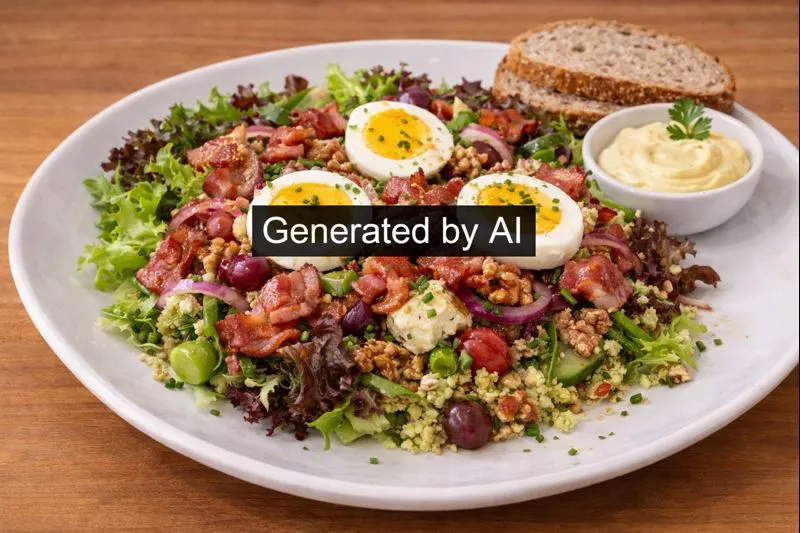 Salat med chevre, stekt bacon, kokt egg og rødløk