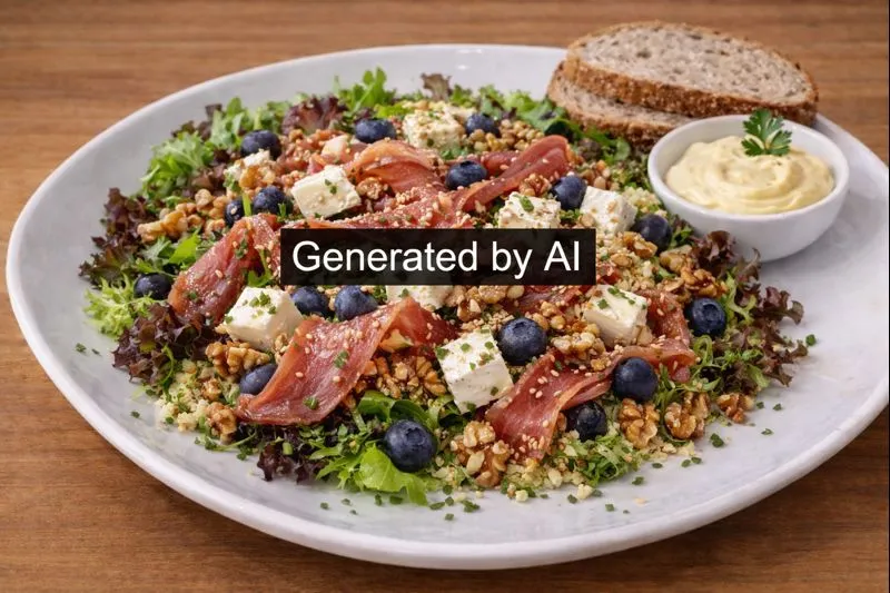 Salat med fetaost, spekeskinke, blåbær, valnøtter og sesamfrø