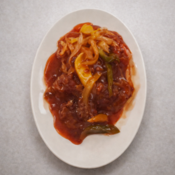 Innbakt fritert svinefilet med sursøt saus