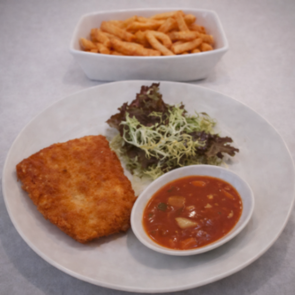 Friterte torskefileter på salat med sursøt saus