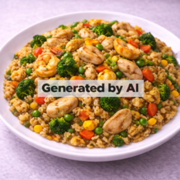 Stekt ris med kylling, egg og grønnsaker