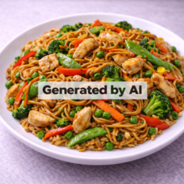 Stekte nudler med kylling og grønnsaker