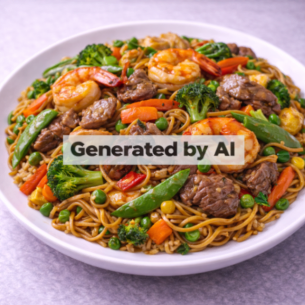 Stekte nudler med kongereker, okse og grønnsaker