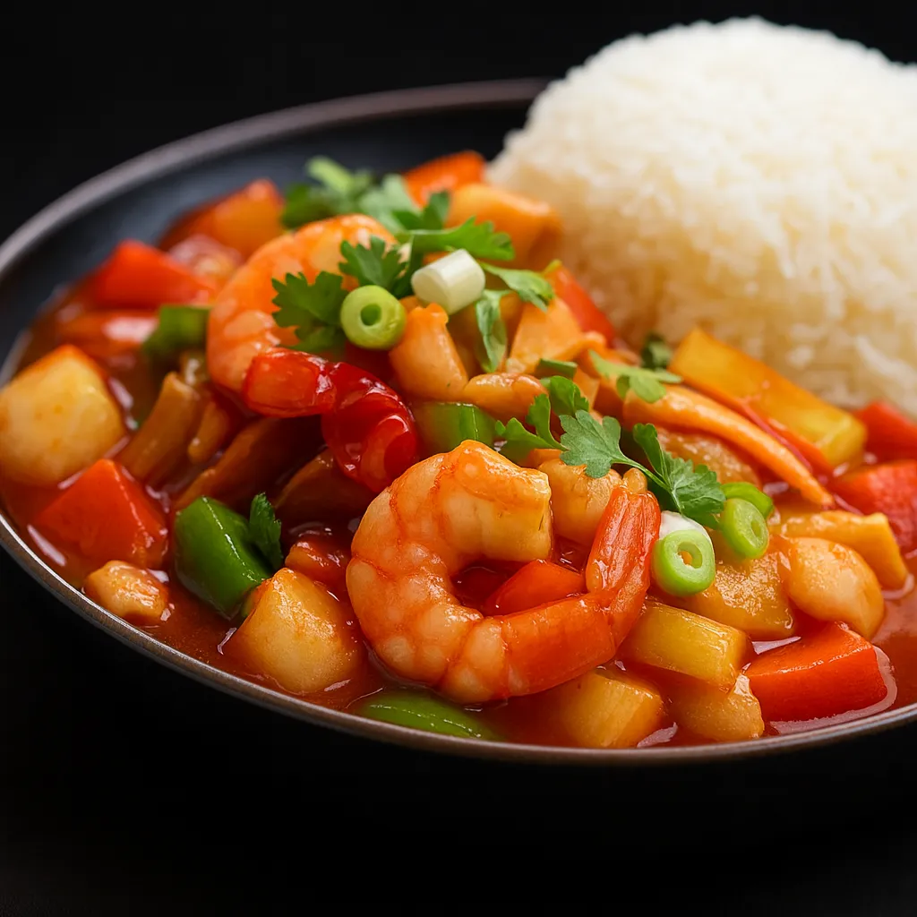 Scampi i sursøt saus (Pad Preaw Wan Gung)