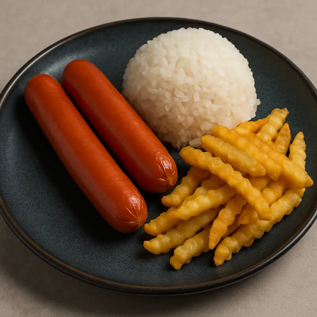 2 stk. pølse med ris eller chips