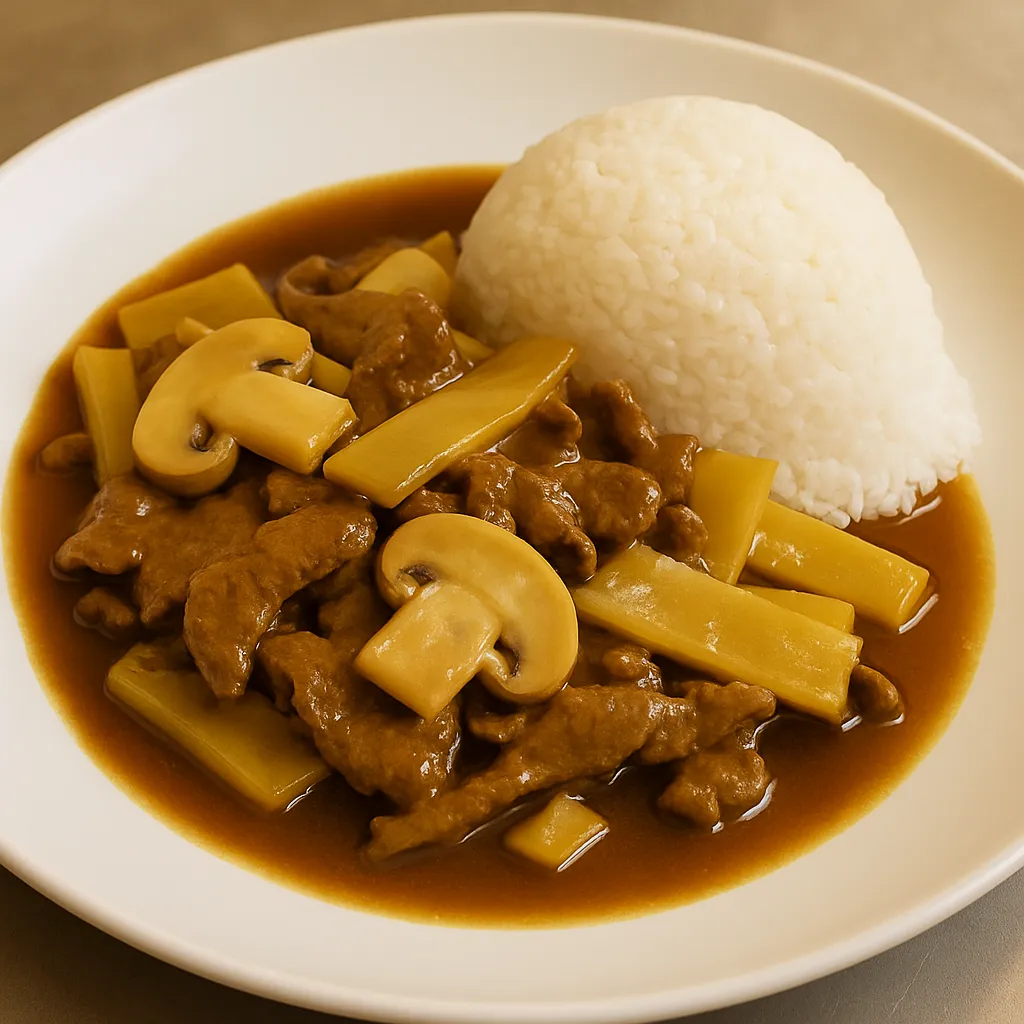 Biff med bambusskudd og champignon