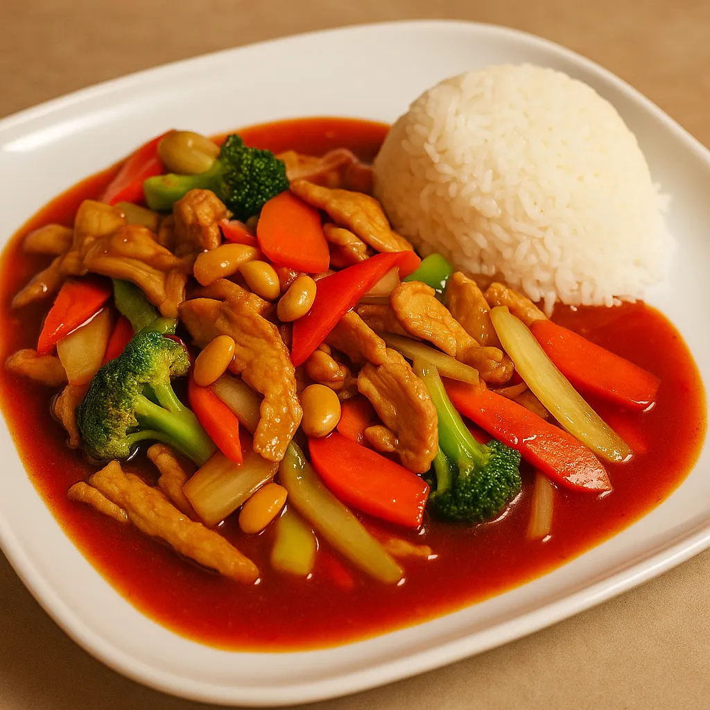 Svinefilet i gong bao saus (sursøt og sterk)