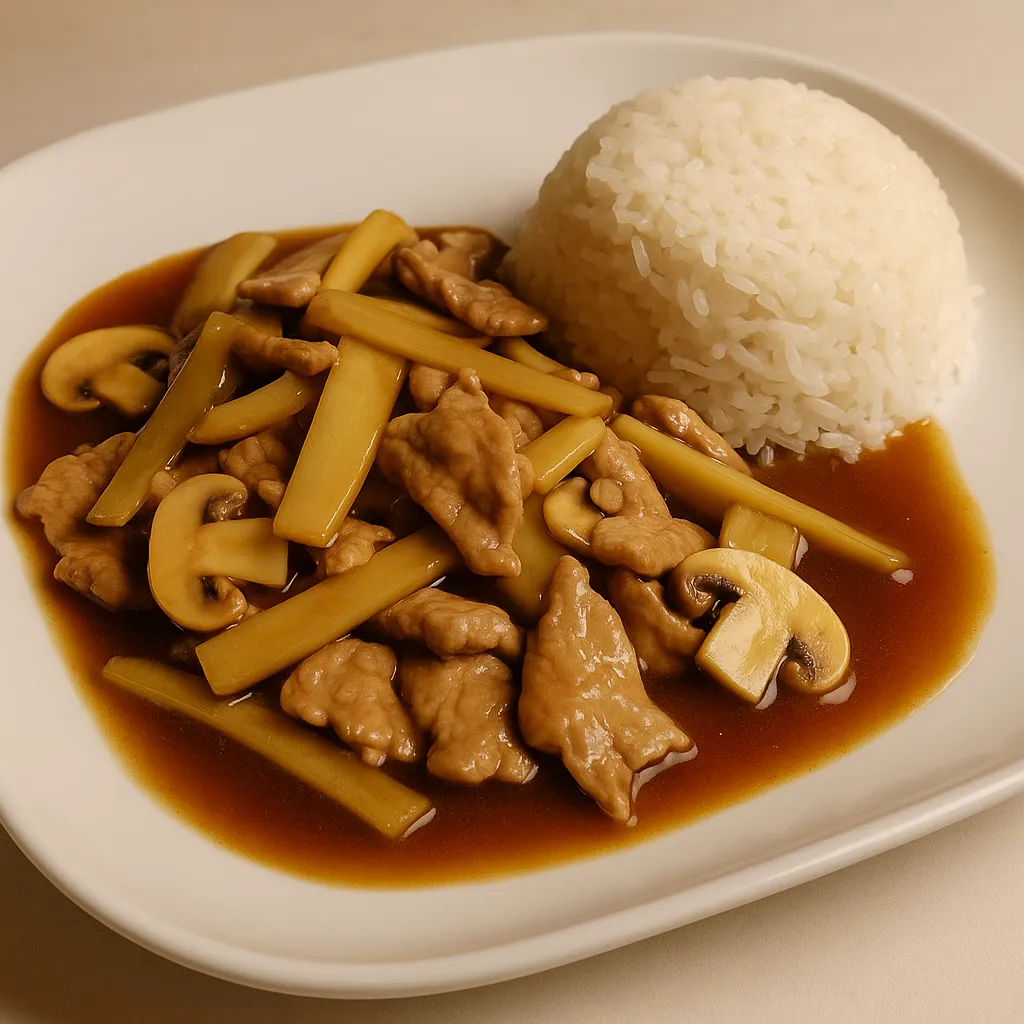 Svinefilet med bambusskudd og champignon