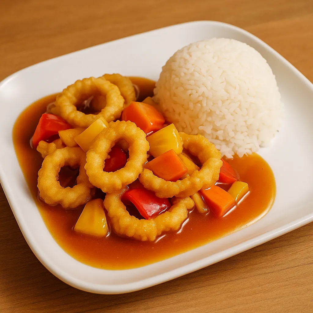 Frityrstekt blekksprut med sursøt saus