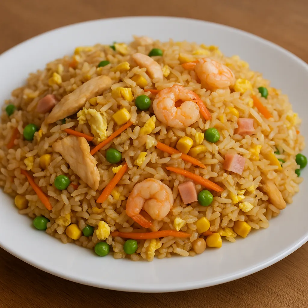 Stekt ris med kylling, reker, skinke, egg og gronnsaker