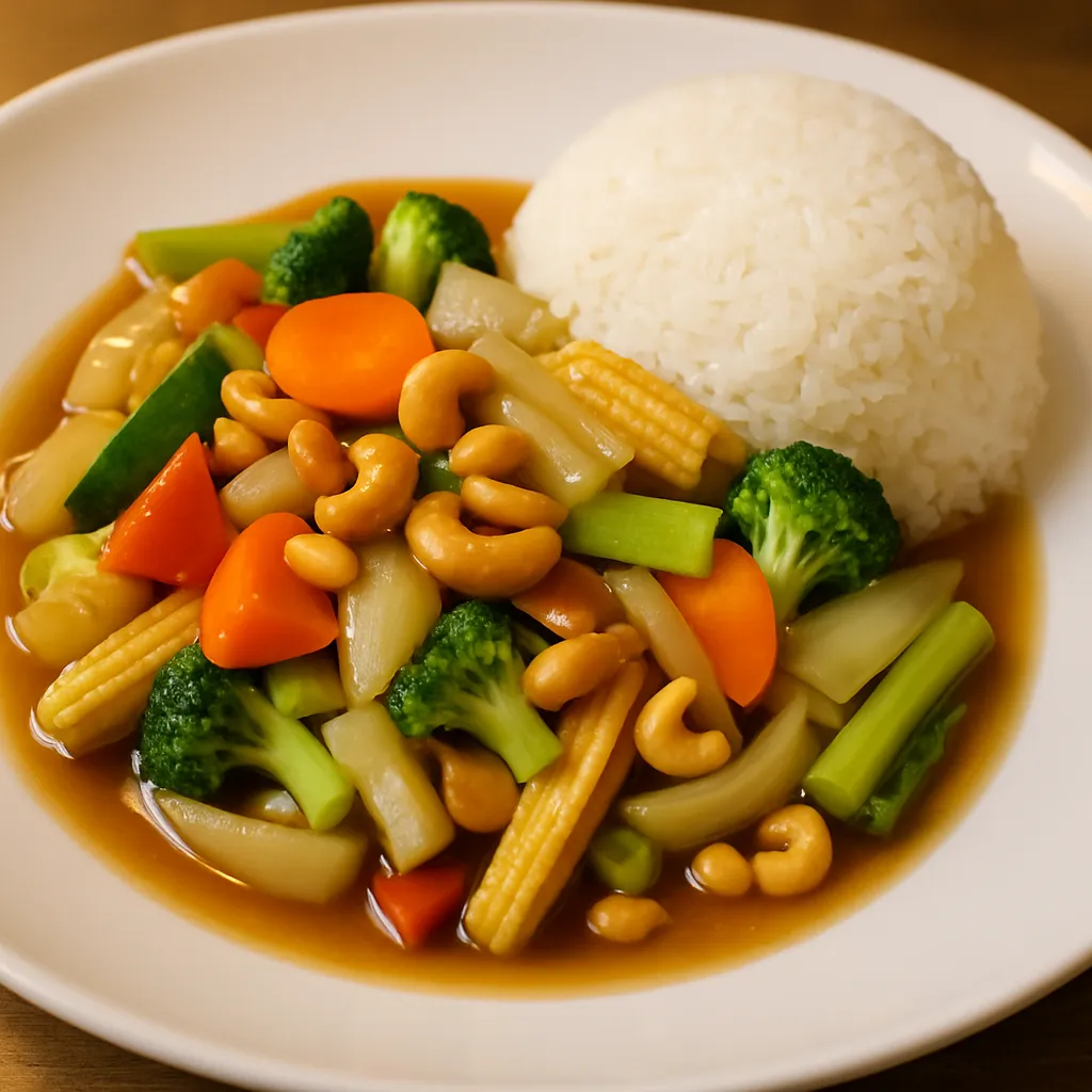 Blandet stekte kinesiske grønnsaker med caashewnøtter