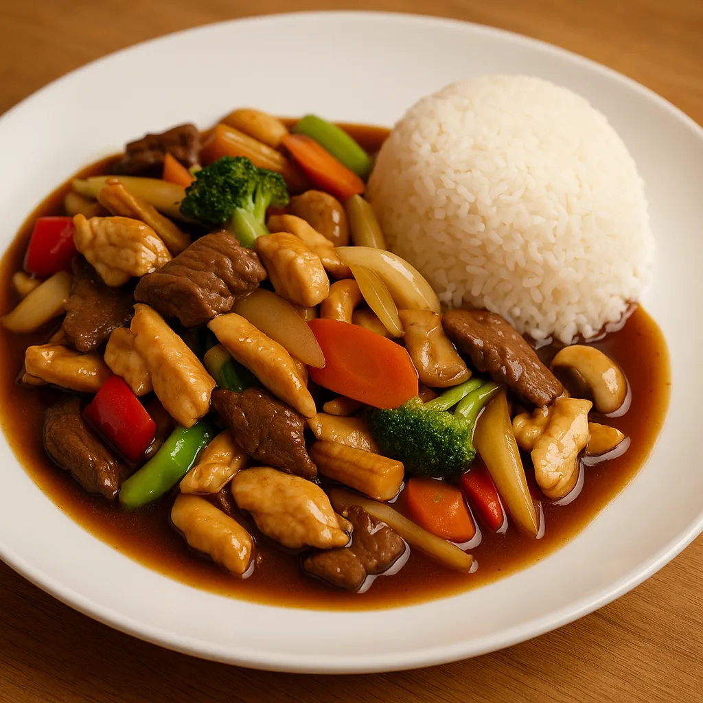 Blandet kjøtt chopsuey: biff, kylling, svinefilet