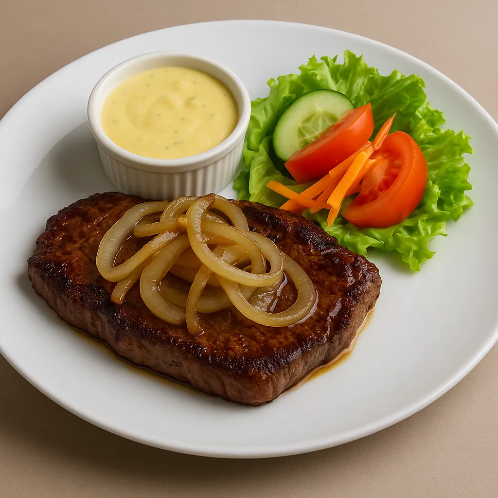 Indrefilet (200g) med løk, bearnaisesaus og salat