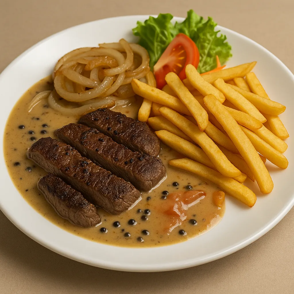 Ytrefilet med peppersaus løk og pommes fries