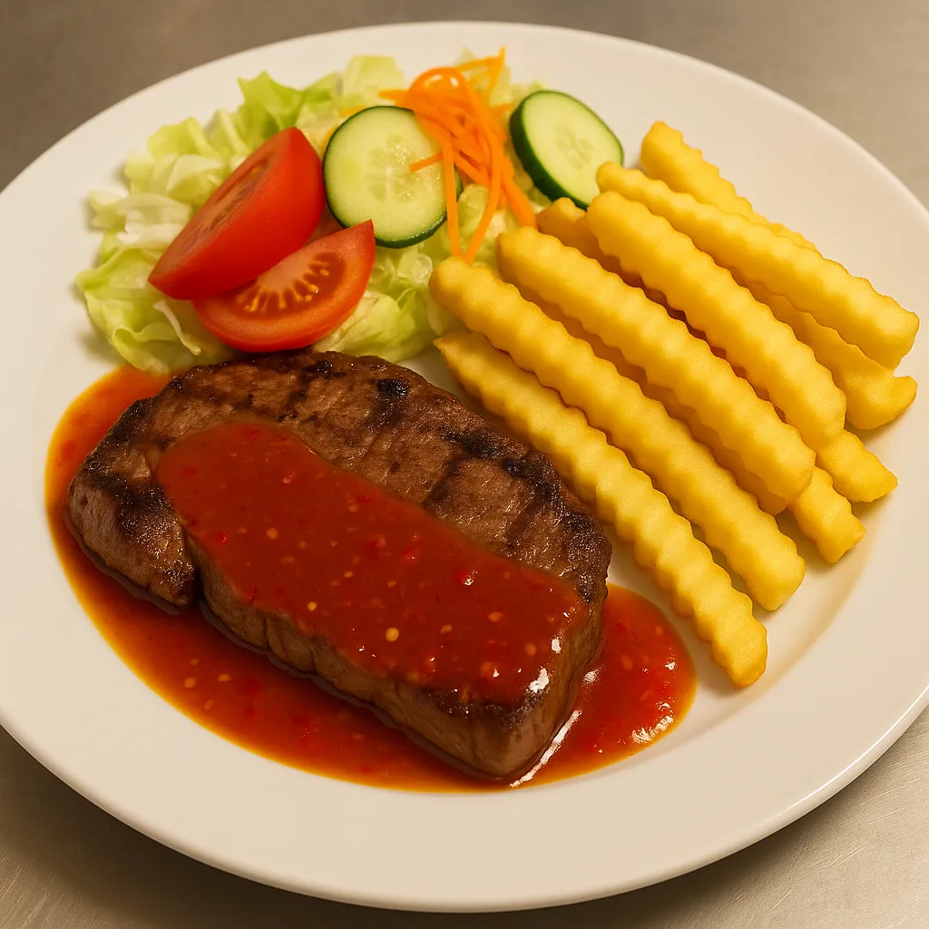 Spansk Biff (200g) ytrefilet med chilisaus, salat og pommes frites
