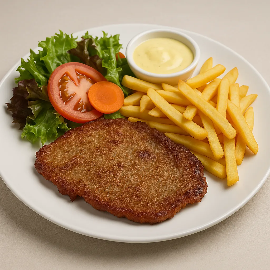 Løvstekt med salat, pommes frites og bearnaise saus