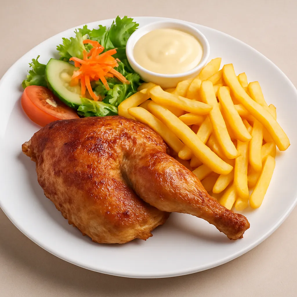 Stekt 1/2 kylling med salat og pommes frites