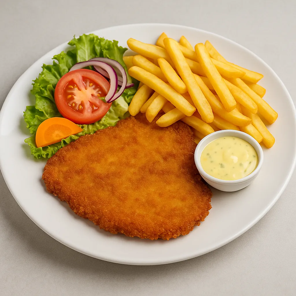 Wienersnitzel med salat, pommes frites og bearnaisesaus