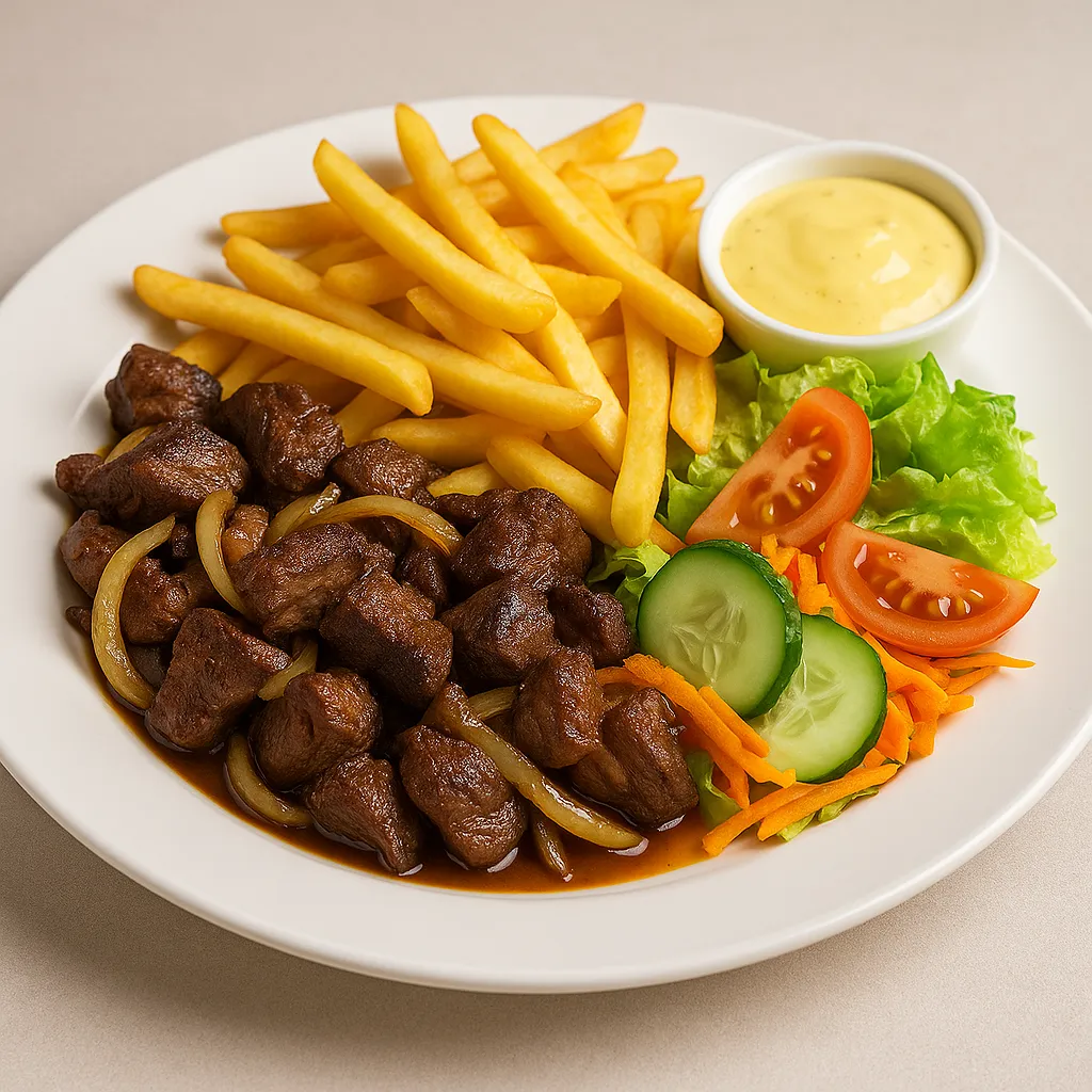 Biffsnadder med pommes frites, salat og bearnaisesaus