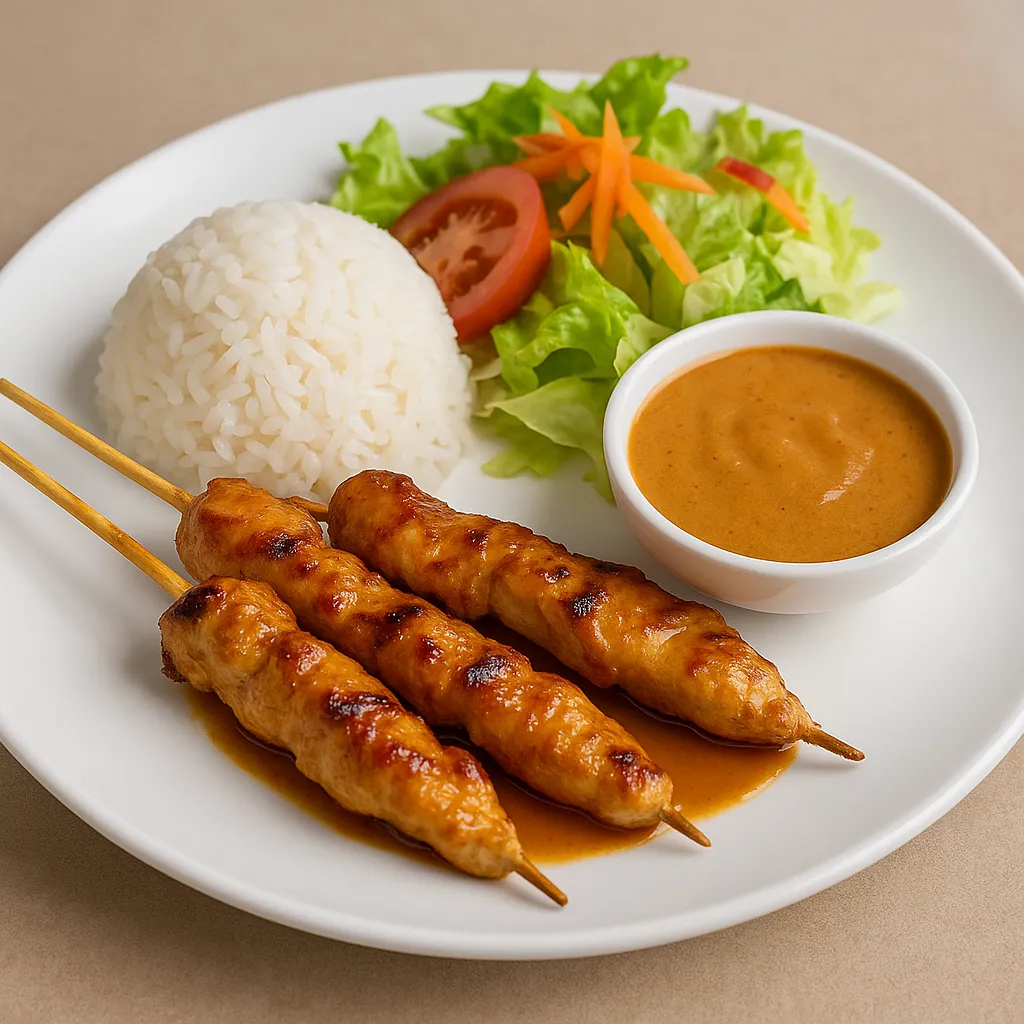 Grillet Kylling Satay pa pinne med ris, salat og Peanøttersaus (NY)